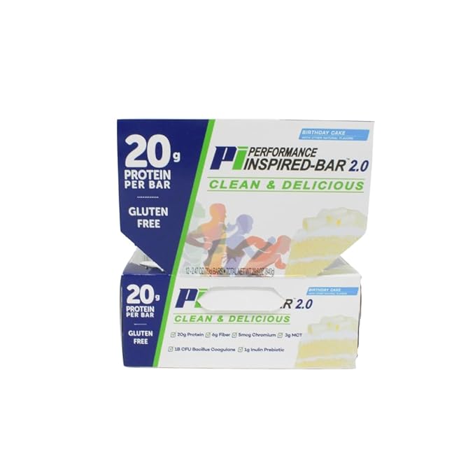 Performance Inspired Nutrition Protein Bar 2.0 – 20G Protein 6G Fiber 3G MCTs 1 Billion CFU Probiotics – Gluten-Free – Birthday Cake Flavor – 12 Count