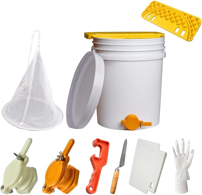 5 Gallon Plastic Honey Bucket Kit - 10pcs Honey Harvesting Tool Set with Gate Valve Filter &amp Beekeeping Supplies | Home Apiary Harvesting Equipment
