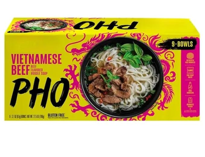 Foods Vietnamese Pho Bowls Beef  Experience the authentic flavors of Vietnamese cuisine with this convenient pho soup package containing 9 individual bowls. Each serving features tender rice noodles