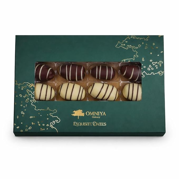 OMNIYA Delicacy – Chocolate Exquisite Dates Box (1 Count 16-Piece Medjool Dates) – Stuffed &amp Coated with Milk Chocolate Pistachio Caramel &amp Lotus – Premium Middle Eastern Gift