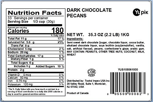 Yupik Dark Chocolate Pecans 60% Cacao 2.2 lb (35.2 oz)  Pack of 6 Kosher Chocolate Nuts Pecans Dipped in Rich Dark Chocolate Crunchy &amp Smooth Chocolate Candy Sweet Snack Ideal for Baking