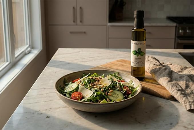 Blazing Bella Basil Infused Extra Virgin Olive Oil from California Smooth and Balanced Premium EVOO for Cooking Pasta Vegetables Chicken and Finishing 250ml