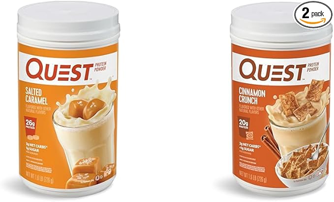 Quest Nutrition Salted Caramel Protein Powder 26g Protein 1g Sugar Low Carb Gluten Free 1.6 Pounds 24 Servings &amp Cinnamon Crunch Protein Powder 20g Protein 2g Net Carb 1g Sugar