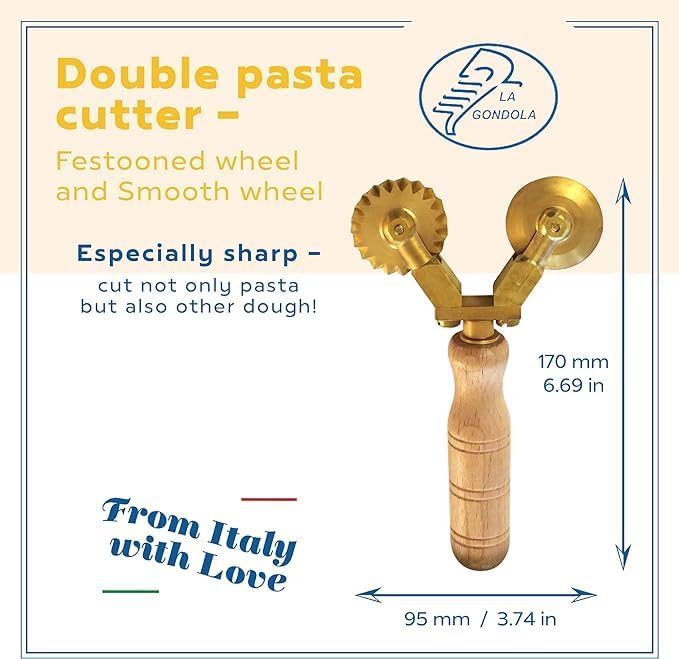 La Gondola Homemade Pasta Cutter - Double Wheel (Festooned &amp Smooth) | Pasta Making Tool for Home and Business | Brass &amp Natural Wood | Easy to Use Pasta Cutting Tool | Ravioli Cutter Made in