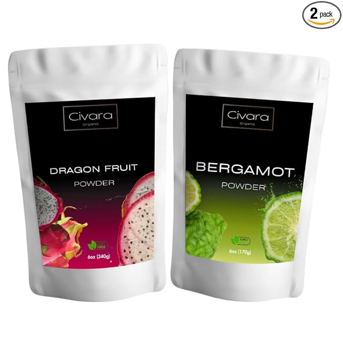 Civara Organic Clear Beauty Boost - Bergamot &amp Dragon Fruit Powder - 6oz per Package | 100% Natural Fruit Powder | No Sugar &amp Additives | Great Flavor for Drinks Smoothie Beverages | USDA Or
