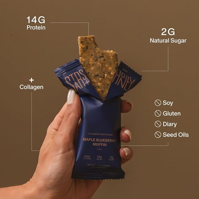 Stars + Honey Protein Bars Maple Blueberry Muffin 14g Protein 3g Sugar with Collagen Peptides Dairy Free Soy &amp Gluten Free Snacks Keto Friendly No Seed Oils or Sugar Alcohols 10 Pack