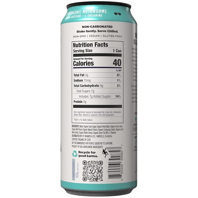 Daytrip Organic Yerba Mate Energy Drink- Clean Plant Based Caffeine (200mg) with Adaptogenic Mushrooms and Green Tea for Focus and Brain Fog - Low Calorie Low Sugar (12 Pack Case)