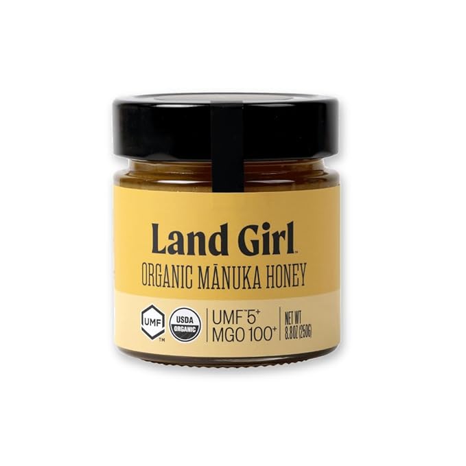 Land Girl Organics New Zealand Raw Premium Manuka Honey | Monofloral USDA Certified Organic Superfood UMF 5+ MGO 100+ Hive to Hand 8.8 oz Glass Jar