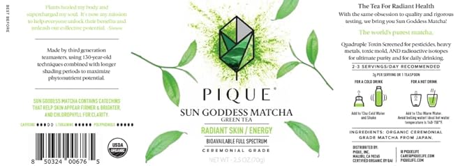 PIQUE Organic Sun Goddess Matcha Tin - Premium First Harvest Ceremonial Grade Matcha Green Tea Powder from Japan (70g/ 2.5oz)