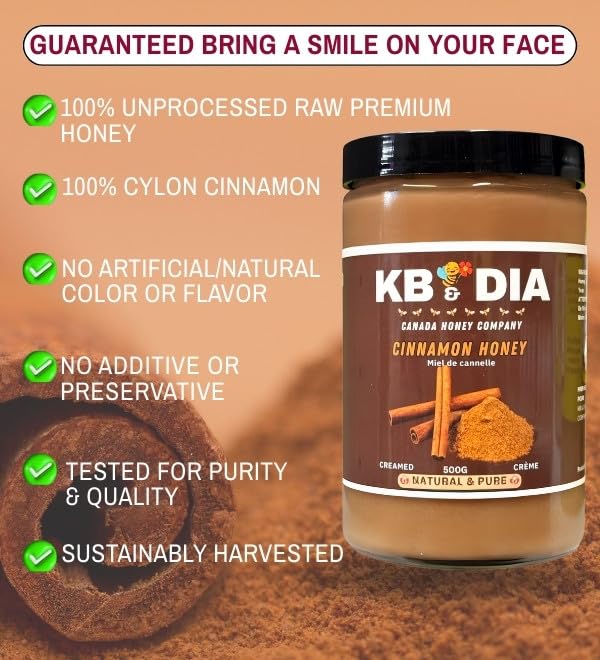 KB &amp DIA Cinnamon Honey Unprocessed Creamed-honey with Cinnamon 100% Pure Canadian Raw Honey Paleo Diet Friendly and Gluten Free Rich Flavour with Nutrient and (500G)