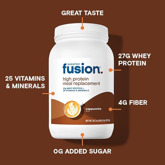 Bariatric Fusion Cappucino Meal Replacement 27g Protein Powder 21 Serving Tub for Bariatric Surgery Patients Including Gastric Bypass and Sleeve Gastrectomy - No Gluten Aspartame or Sugar