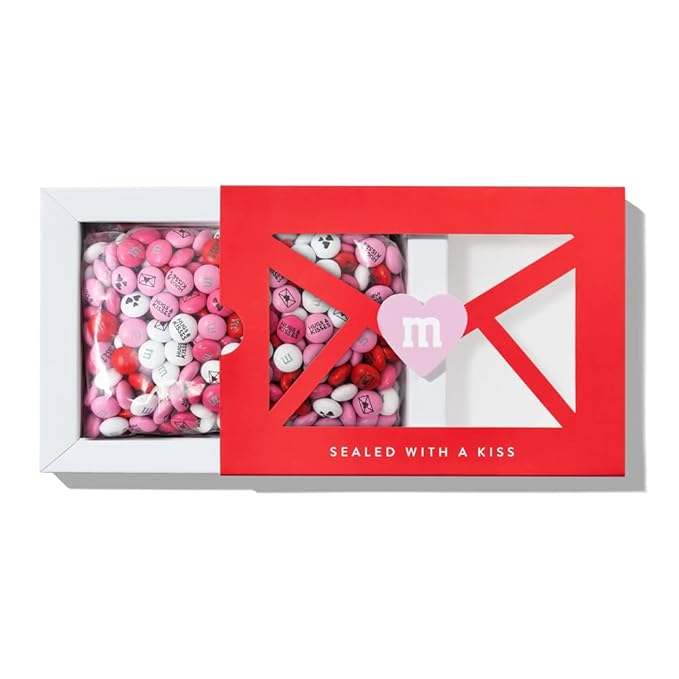 M&ampM’S WORLD Valentines Day Chocolate Candy Box Sealed With A Kiss Gift 1lb Box with Kisses and Heart Icons