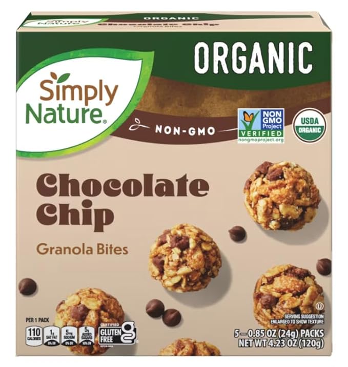 Simply Nature Gluten-Free Kosher NON-GMO Organic Chocolate Chip Granola Bites 4.23oz /120g X 2 (Two Boxes)