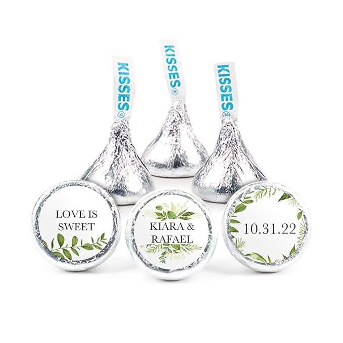 90 Pcs Personalized Wedding Candy Party Favors Silver Kisses with DIY Stickers Bulk Chocolate - Botanical - Assembly Required