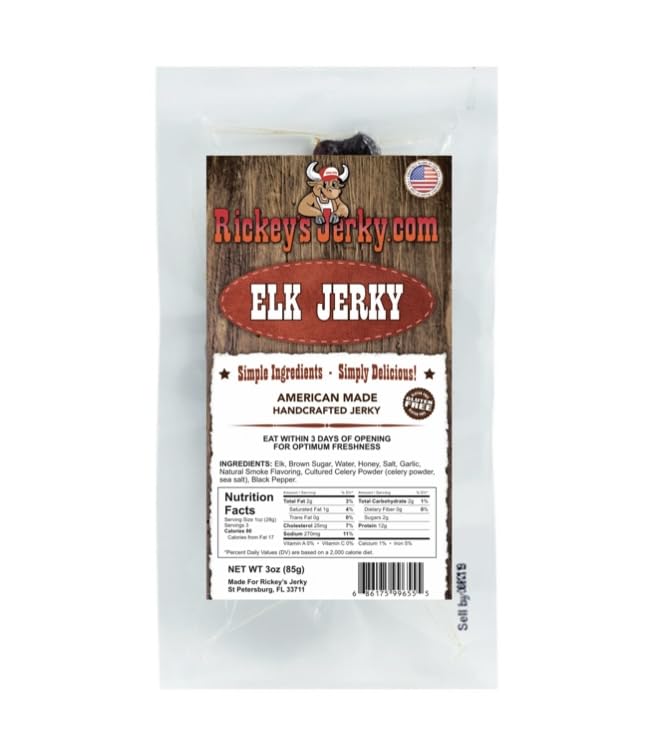 Rickey's Jerky Elk 100% Made From Solid Strips of Exotic Wild Game Jerky All Natural Meat High Protein snack Keto Friendly Gluten Free Simple Ingredients Perfect for Father's Day or that hard