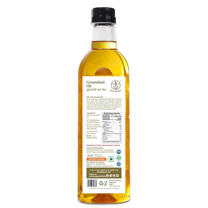 Shiva Organic Cold-Pressed Groundnut Oil - 100% Natural Certified Organic - 1L (33.8 fl oz) for Cooking Frying and Healthy Living