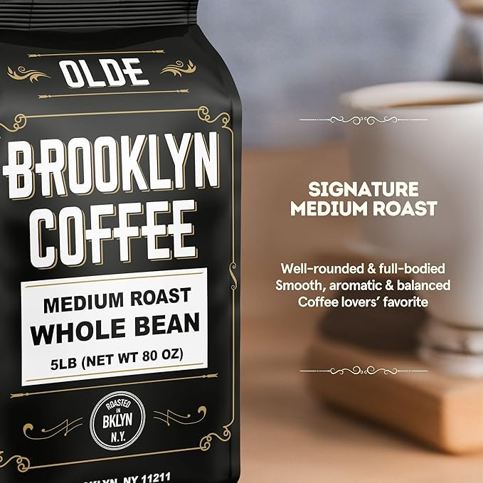 BROOKLYN COFFEE Whole Bean Classic Medium Roast (5lb) Balanced Smooth Mellow - Fresh Bulk Coffee Beans Roasted Weekly in NYC