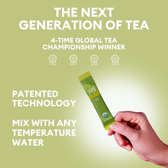 Cusa Tea &amp Coffee | Premium Instant Green Tea With Real Fruit &amp Spices | Organic Leaves Drink Mix Packets | Hot or Iced Tea (10 Single Servings)