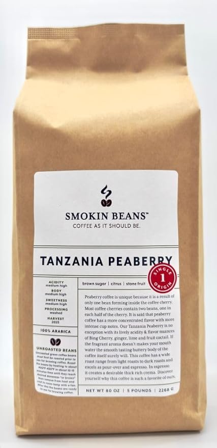 5-Pound Tanzania Peaberry Unroasted Green Arabica Coffee Beans Fresh Current Crop Specialty Grade Roast the Beans Yourself at Home on Your Roasting Equipment Prior to Using for Brewing Coffee