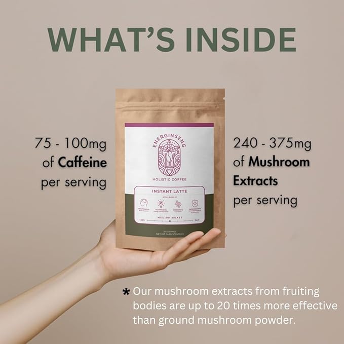 Energinseng Mushroom Coffee Instant Latte – Lion’s Mane Reishi Ginseng Adaptogen Coffee – Instant Coffee Alternative for Energy &amp Focus – Arabica &amp Robusta Blend – 14.11oz