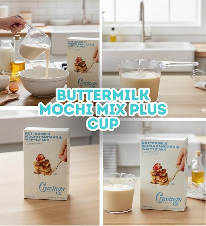 Butter Milk Pancake – 4x Buttermilk Mochi Pancake and Waffle Mix – 14.2OZ Bundle with 1 Cup Plastic Clear Measuring Cup – Rice Flour Blend with Buttermilk for Pancakes and Waffles – Gift Set (5 Items)