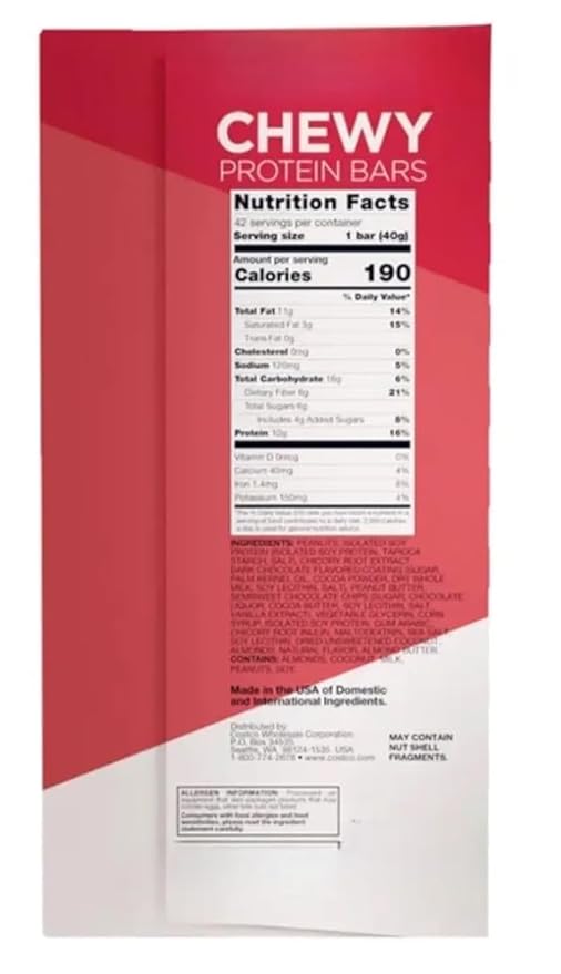 Kirkland Peanut Butter &amp Semisweet Chocolate Chip Protein Bars – 10g Protein Gluten Free Kosher 42 Count 1.41 oz Bars Net Wt 59.2 oz