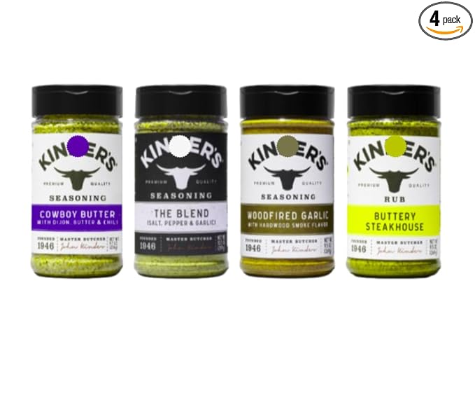 Seasoning Set by KINDERs 4 Pack of 10.5 oz The Blend 9.5 oz Buttery Steakhouse 9.5 oz Woodfired Garlic 9.4 oz Cowboy Butter Pantry Essential