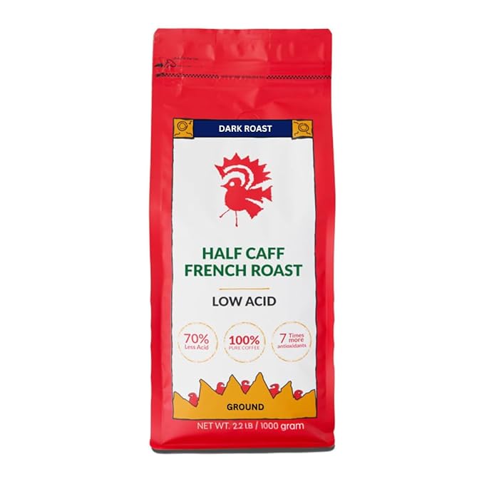 Puroast Low Acid Coffee Half Caff | Half Caff French Roast Ground | Dark Roast | High Antioxidants &amp High pH |No Bitter Aftertaste | Reduced Heartburn &amp GERD | Suitable for Cold Brew - 2.2 LB