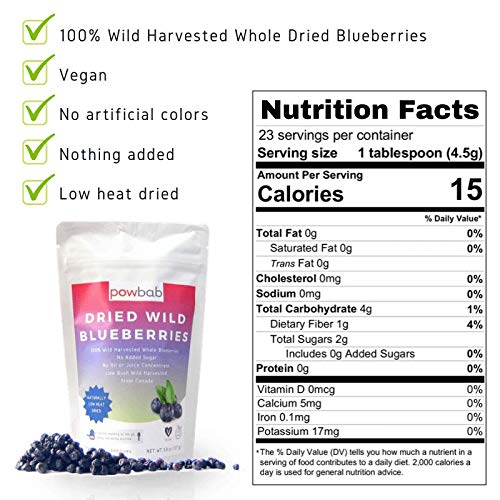 powbab Dried Wild Blueberries. 100% Whole Dried Blueberries No Sugar Added. No Sunflower Oil No Apple Juice Concentrate. Canada Grown. No Sulfites. Unsweetened Blueberries Keto. Gluten Free Vegan.