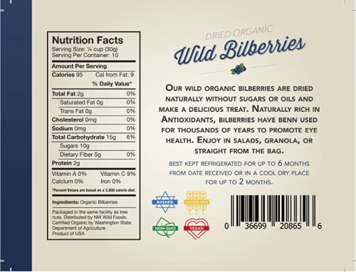 Dried Organic Wild Bilberries - Northwest Wild Foods -Dried Fruit - for Granola Morning Snack Baking Trail Mix (1 Pound)