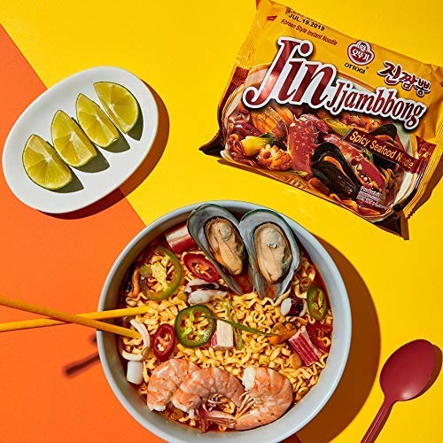 OTTOGI JIN Jjambbong Korean Instant Ramen – Spicy Seafood Noodles Red Broth 4.58 oz (Pack of 8)