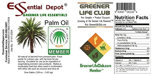 Essential Depot Palm Oil - RSPO Certified - Sustainable - Food Grade - Kosher - Not Hydrogenated - 1 Gallon - Safety Sealed HDPE Container with Resealable Cap