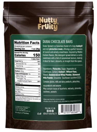 Nutty &amp FrUity Dubai Chocolate Bars Milk Chocolate with Pistachio Individually Wrapped 16 oz (454gr)