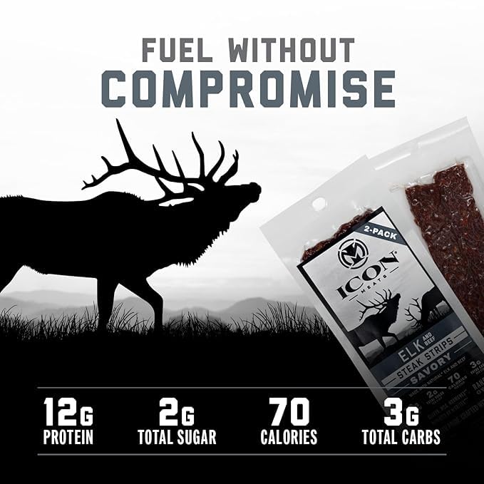 ICON Meats Elk and Beef Jerky Steak Strips Savory Flavor 8 High Protein Snacks Packs 2 Strips per Pack Low Sugar Gluten Free Natural USDA Inspected Made in the USA Gifts for Him