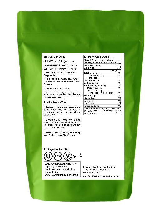 Food to Live Brazil Nuts 2 Pounds - Raw Whole No Shell Unsalted Kosher Vegan Keto and Paleo Friendly Bulk Good Source of Selenium Low Sodium and Low Carb Food.