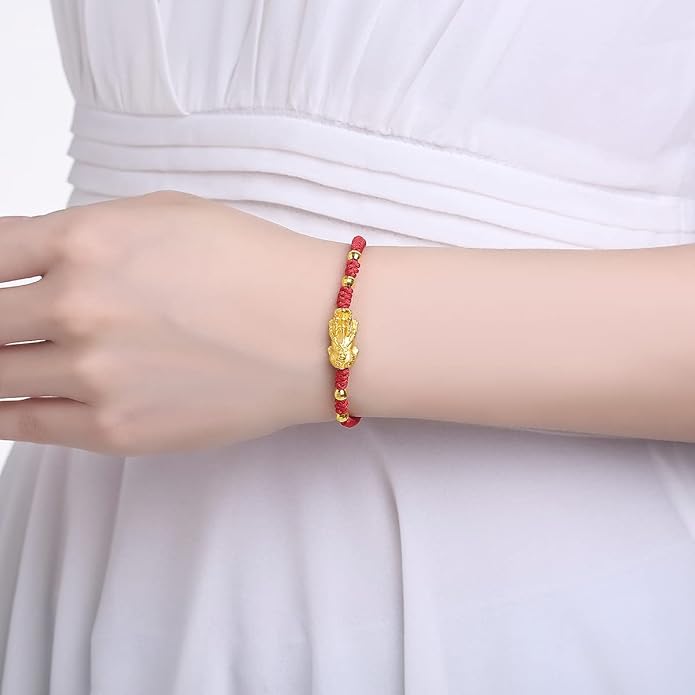 24K Solid Gold Bracelet for Women Real Pure Gold Jewelry Dainty Fortune Pixiu Ball Dragon Turtle Adjustable Red Black Braided Bracelet for Men Girlfriend