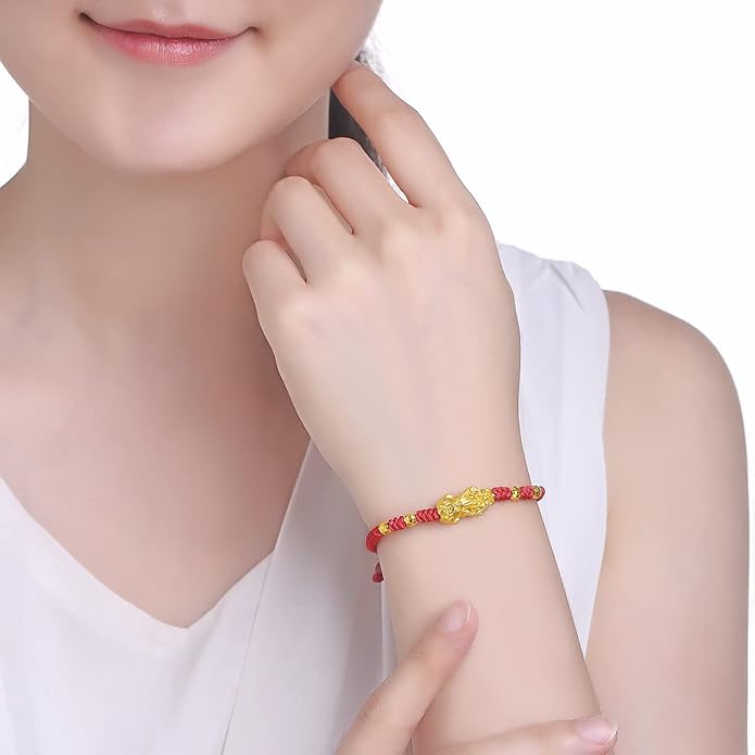 24K Solid Gold Bracelet for Women Real Pure Gold Jewelry Dainty Fortune Pixiu Ball Dragon Turtle Adjustable Red Black Braided Bracelet for Men Girlfriend