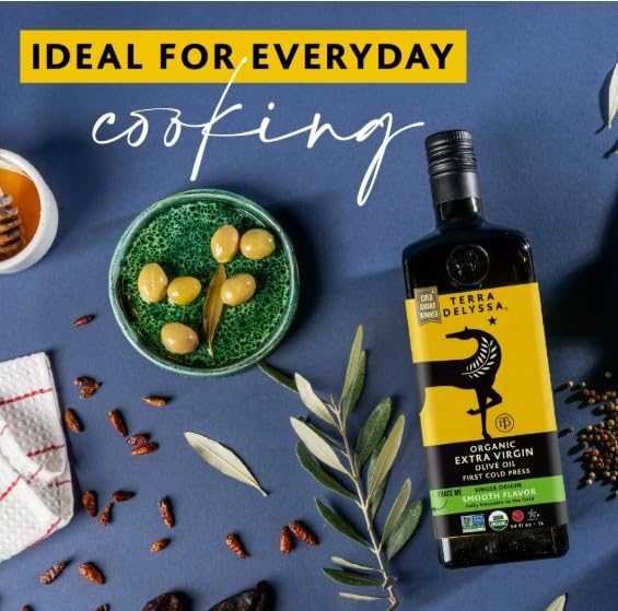 T.erra Delyssa First Cold Pressed Extra Virgin Olive Oil Single Sourced 1L (34 fl. oz) Dark Glass Bottle - 3 Pack Certified Kosher. Non-GMO Naturally Rich in Antioxidants and Polyphenols