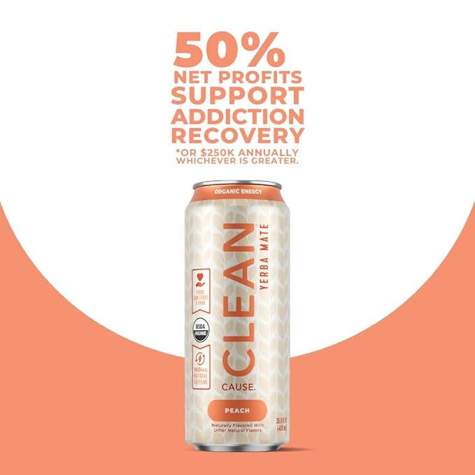 CLEAN Cause Peach Yerba Mate Tea Non-Carbonated USDA Organic Energy Drink Alternative Low Sugar 160mg Natural Caffeine Soda Alternative Plant-Based (15.5oz cans 12-Pack Case)