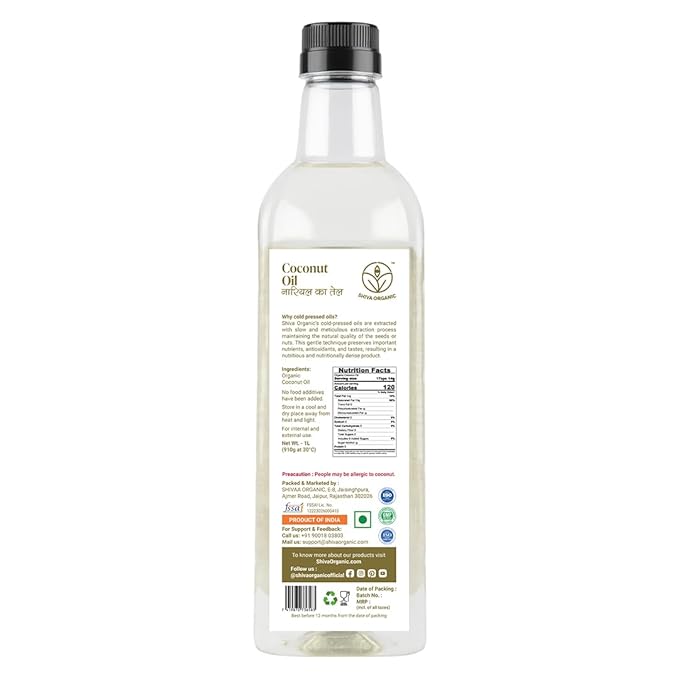 Shiva Organic Cold-Pressed Coconut Oil - 100% Natural Certified Organic - 1L (33.8 fl oz) for Cooking Beauty and Holistic Wellness