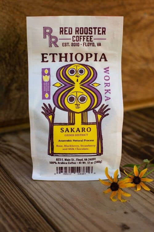 Red Rooster Coffee Ethiopia Worka Sakaro Anaerobic Natural Coffee – Light Roast Single Origin Landrace – Notes of Raspberry Tea Milk Chocolate Plum &amp Mixed Berries – 12oz Whole Bean