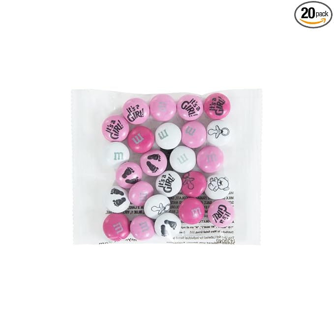 M&ampM'S World Baby Girl Milk Chocolate Favors 20 Packs 0.75oz each with Pink and White M&ampM'S for Girl Baby Showers Gender Reveal Parties and Guest Giveaways