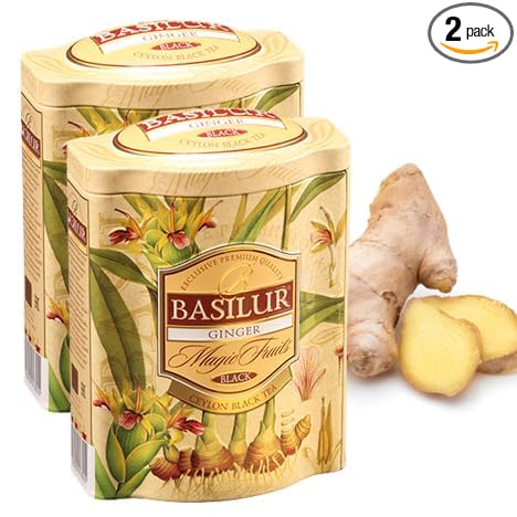 Basilur Pure Ceylon Black Loose Tea with Ginger Included Filter and Real Bits of Ginger Throat Therapy Single Origin Tea 100g (3.5 oz.) Tin Caddy Pack of 2