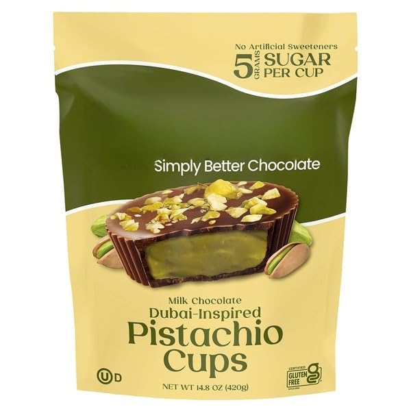 Milk Chocolate Dubai Inspired Pistachio Cups  The rich taste of Dubai-inspired chocolate with these Cups made with smooth 43% milk chocolate and a creamy pistachio cashew filling. Each bite delivers
