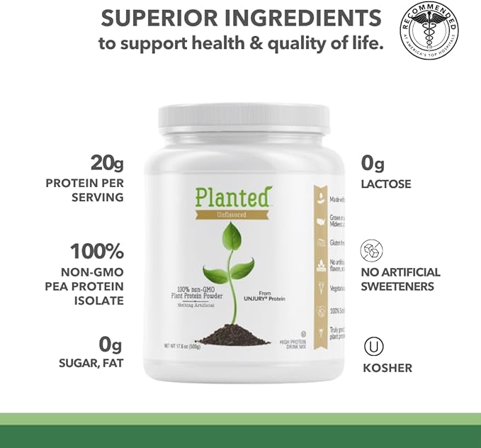 Unjury Planted Vegan Protein Powder | 20g Unflavored Pea Protein Powder | Low Sugar and Plant Based | Gluten and Dairy Free Pea Protein Isolate | Non-GMO | 20 Servings