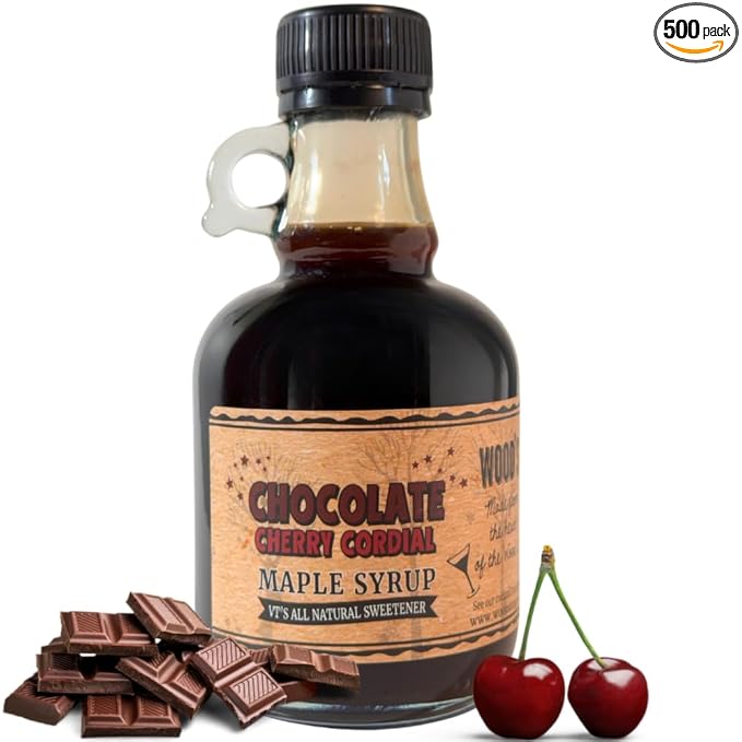 WOOD'S Chocolate Cherry Cordial Infused Maple Syrup – Decadent Vermont Maple Syrup with Dark Cocoa &amp Succulent Cherries | Small-Batch All-Natural Vegan-Friendly Syrup for Breakfast Desserts &am
