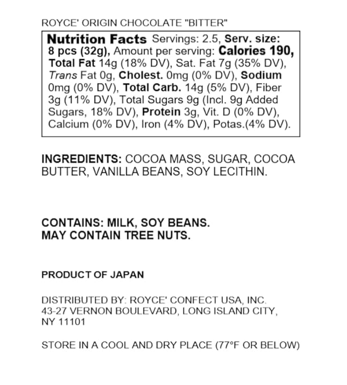 ROYCE' Origin Chocolate Bitter' - Assortment of Dark Chocolate Squares | Ideal for Baking and Desserts| No Artificial Preservatives | Japanese Chocolate from Hokkaido (20 Pieces of Chocolate Squares