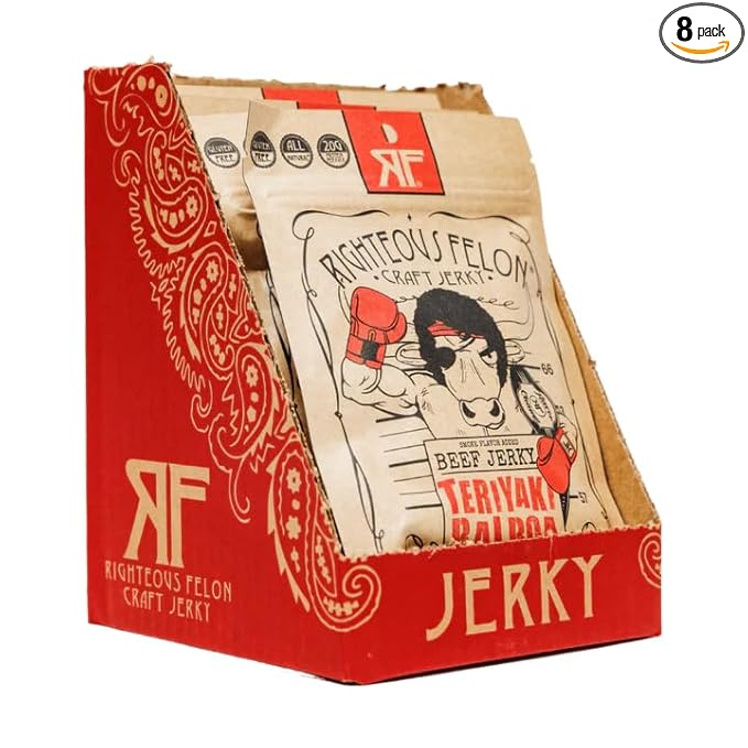 Righteous Felon Beef Jerky - Teriyaki Balboa Jerky - Gluten-Free Snacks - All-Natural Locally Sourced &amp Dried Beef Jerky - Low-Sugar High-Protein Healthy Snacks - 2 Ounces Each Pack of 8