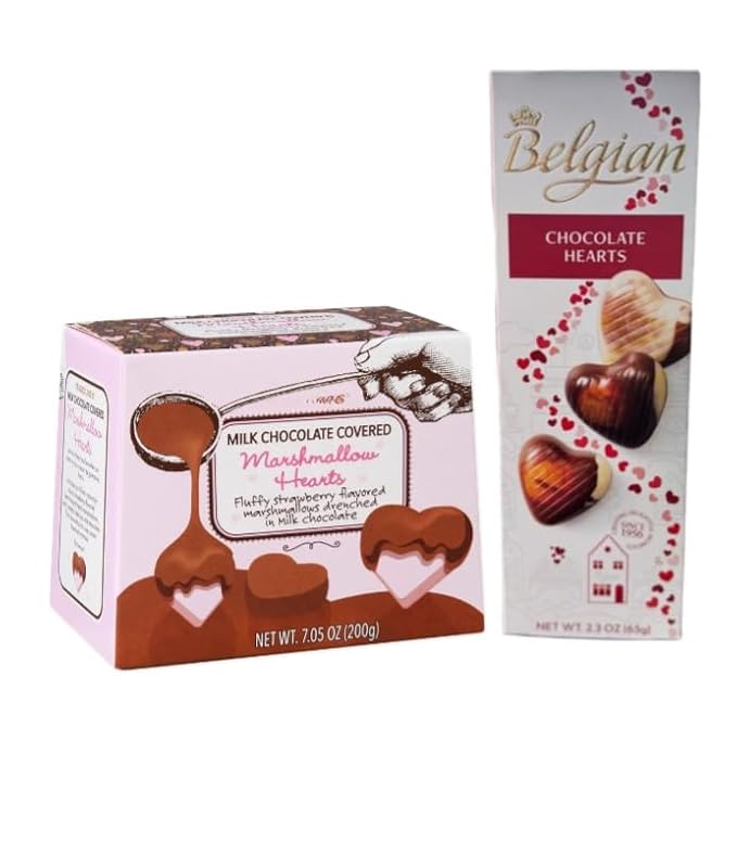 Milk Chocolate Covered Marshmallow Hearts Valentines Day Treats 7.05 oz (2 Pack Strawberry Marshmallows &ampChocolate Hearts)