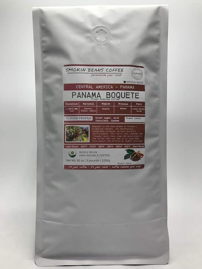 Smokin Beans 5-Pound Panama Bouquet Freshly Roasted Coffee Washed Processing Full City Roast Premium Whole Bean Specialty Coffee